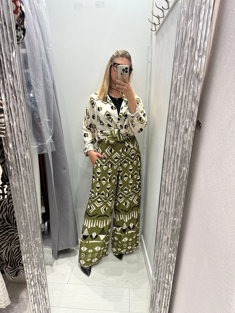 MSS💥HaveOne•Pantalone palazzo stampa etnica verde olio