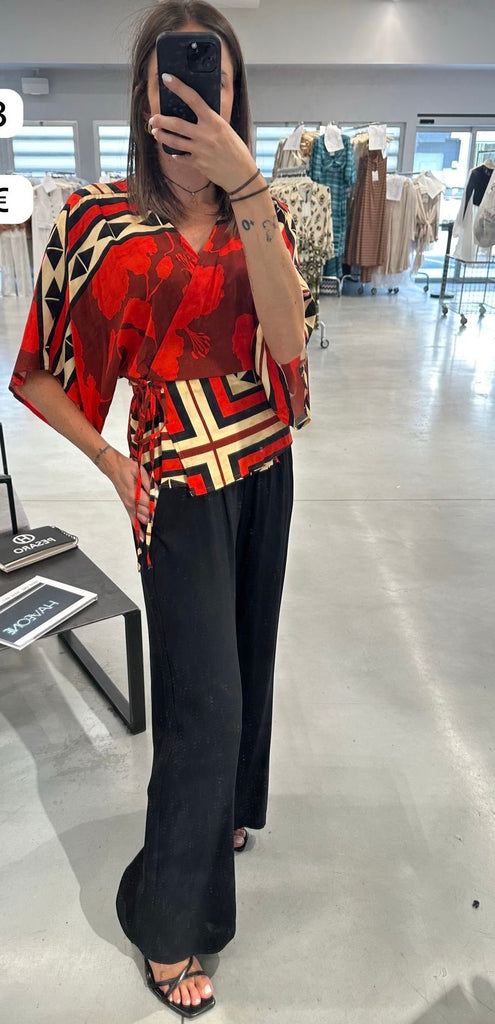 MSS💥HaveOne•Maglia kimono stampa etnica rossa