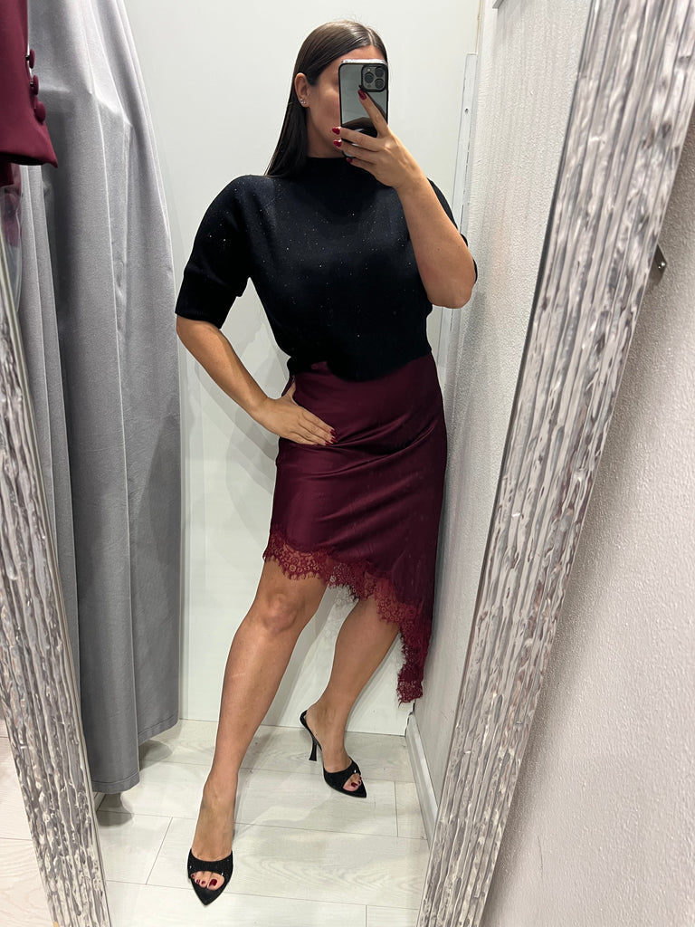 LUMINA•Gonna raso midi asimmetrica con pizzo•Bordeaux