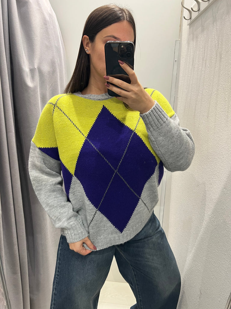 HaveOne•Maglione rombi grigio/viola/lime