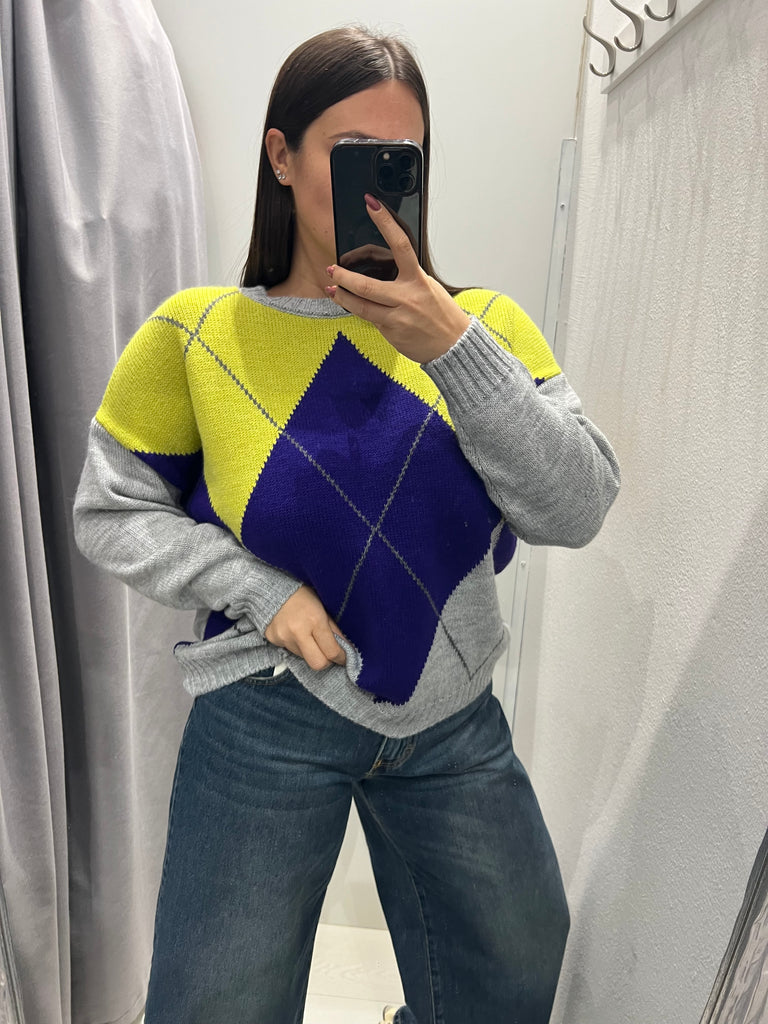 HaveOne•Maglione rombi grigio/viola/lime