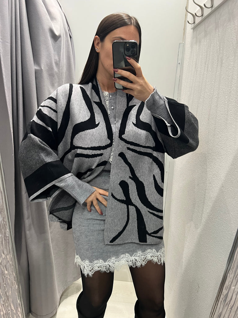 BLK30 Susy Star•Cardigan kimono stampa zebrata grigio/nero