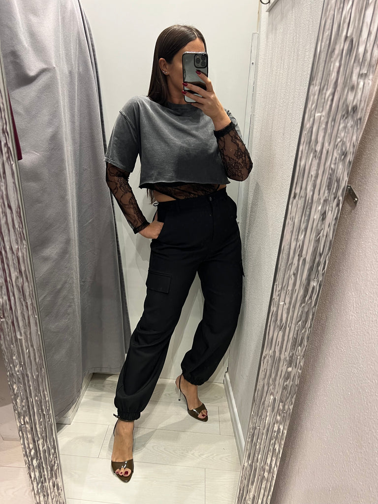 HaveOne•Maglia t-shirt crop+body pizzo