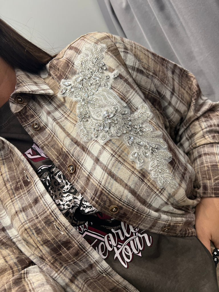 HaveOne•Camicia check in flanella beige/moro cabochon strass