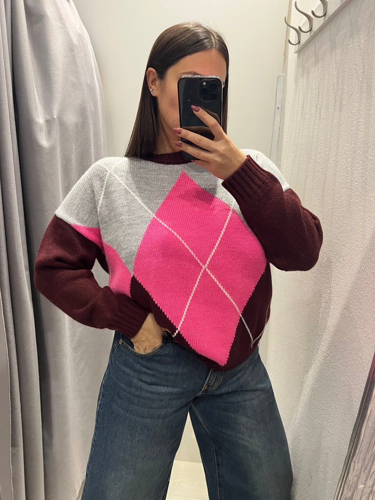 HaveOne•Maglione rombi bordeaux/fuxia fluo/grigio
