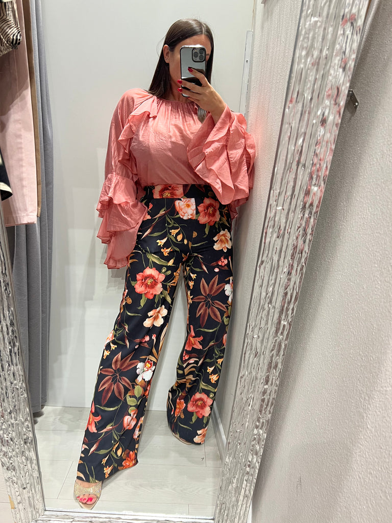 MSS💥ViCOLO•Pantalone palazzo floreale base nera