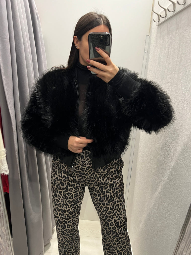 HaveOne•Bomber nero in ecopelliccia con zip