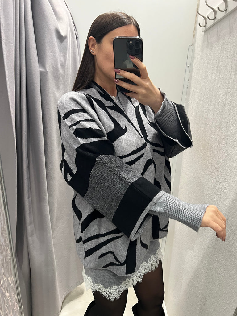 BLK30 Susy Star•Cardigan kimono stampa zebrata grigio/nero