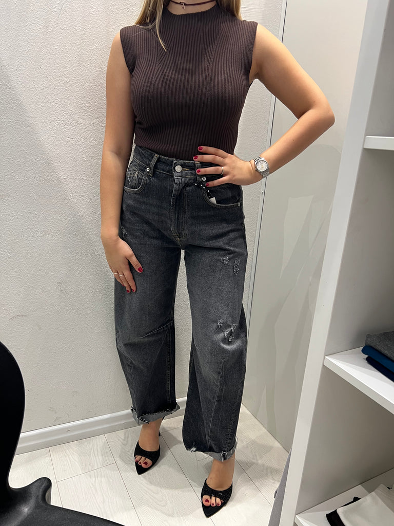 HaveOne•Jeans barrel Barbara con rotture nero