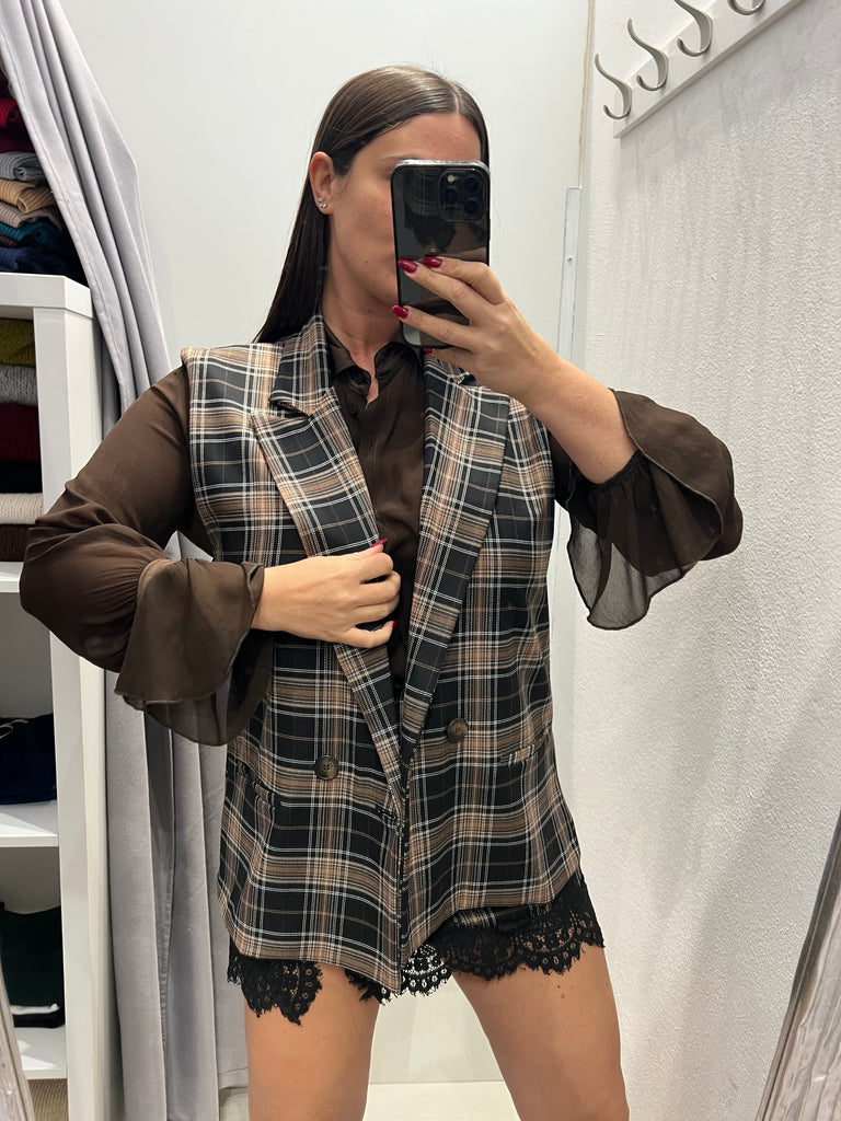 HaveOne•Gilet check nero/panna/castagna doppiopetto