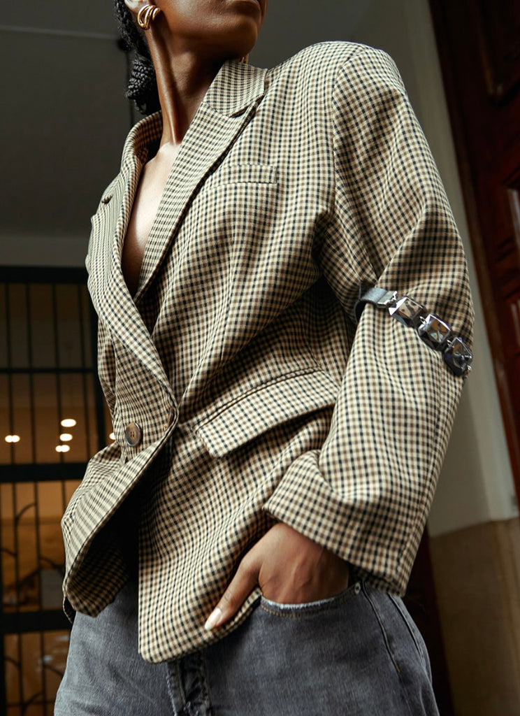 BLK30 HaveOne•Giacca pied-de-poule tabacco/nero dettaglio gomito