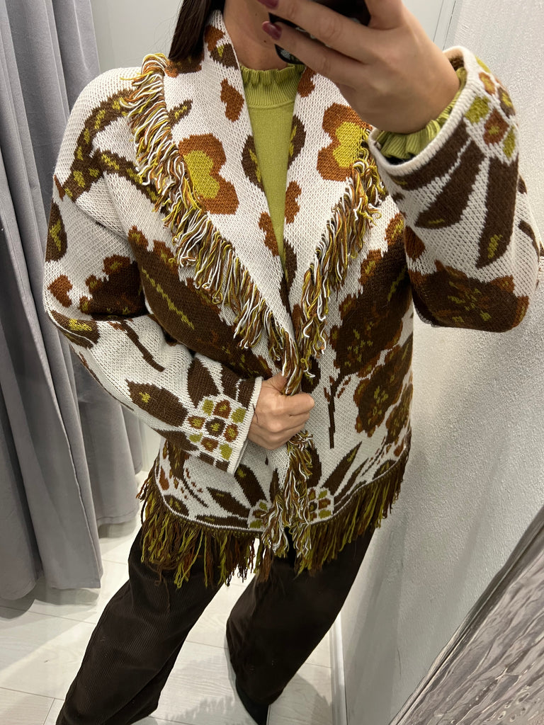 BLK30 HaveOne•Cardigan frange stampa moro/pistacchio/bruciato
