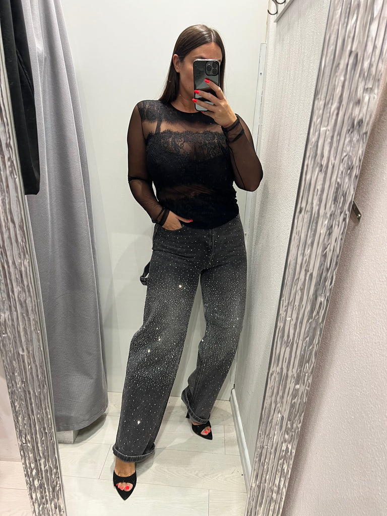 KONTATTO•Jeans worker nero slavato strass