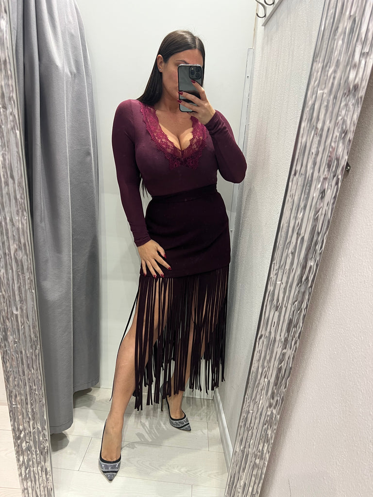 LUMINA•Body bordeaux cashmere touch scollo V pizzo