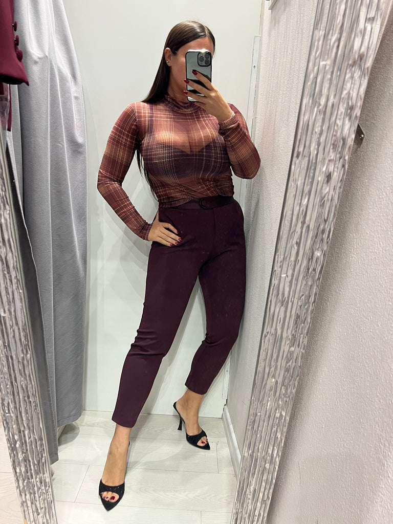 LUMINA•Maglia lupetto check bordeaux/zucca/beige