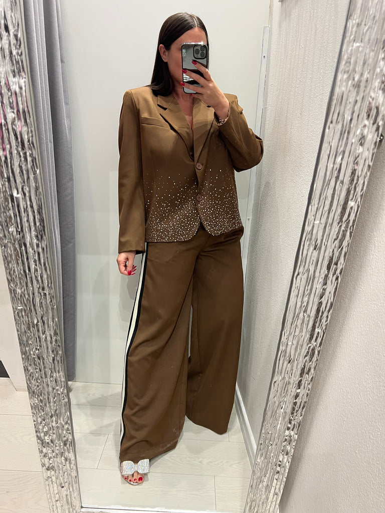 ViCOLO•Pantalone palazzo coulisse tabacco banda panna/nero