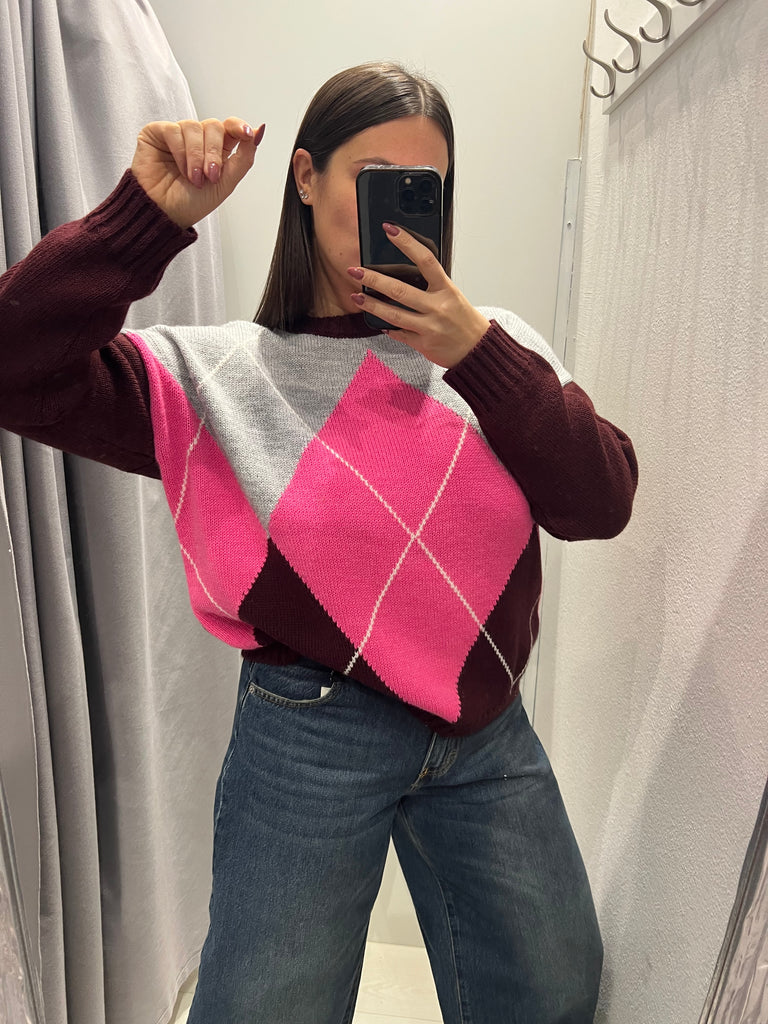HaveOne•Maglione rombi bordeaux/fuxia fluo/grigio
