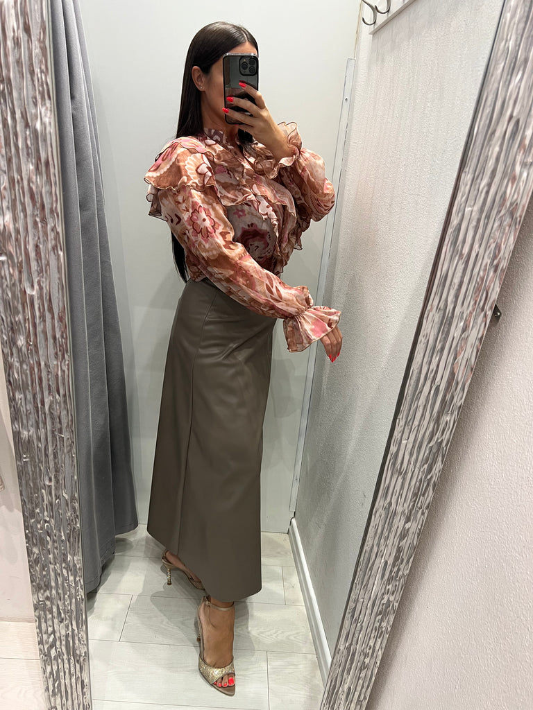 KONTATTO•Camicia rouches fantasia beige/malva