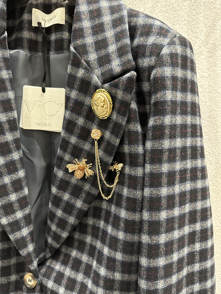 ViCOLO•Giacca con spille check blu riga bordeaux