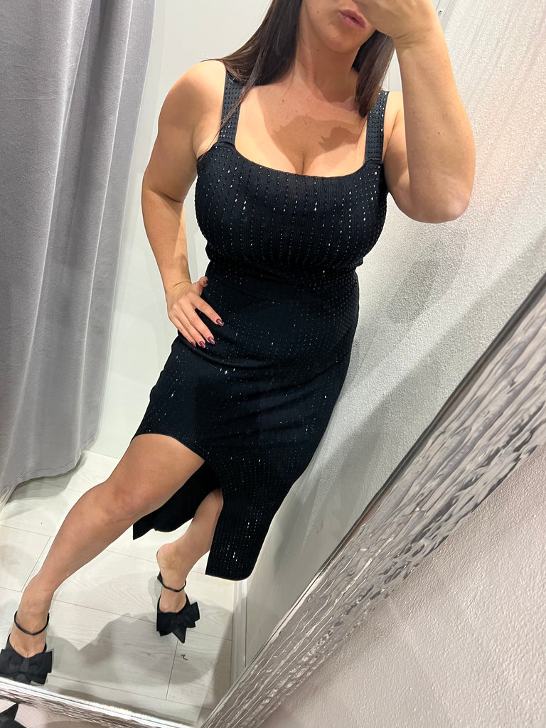 KONTATTO•Coordinato microstrass top scollo quadro e gonna spacco