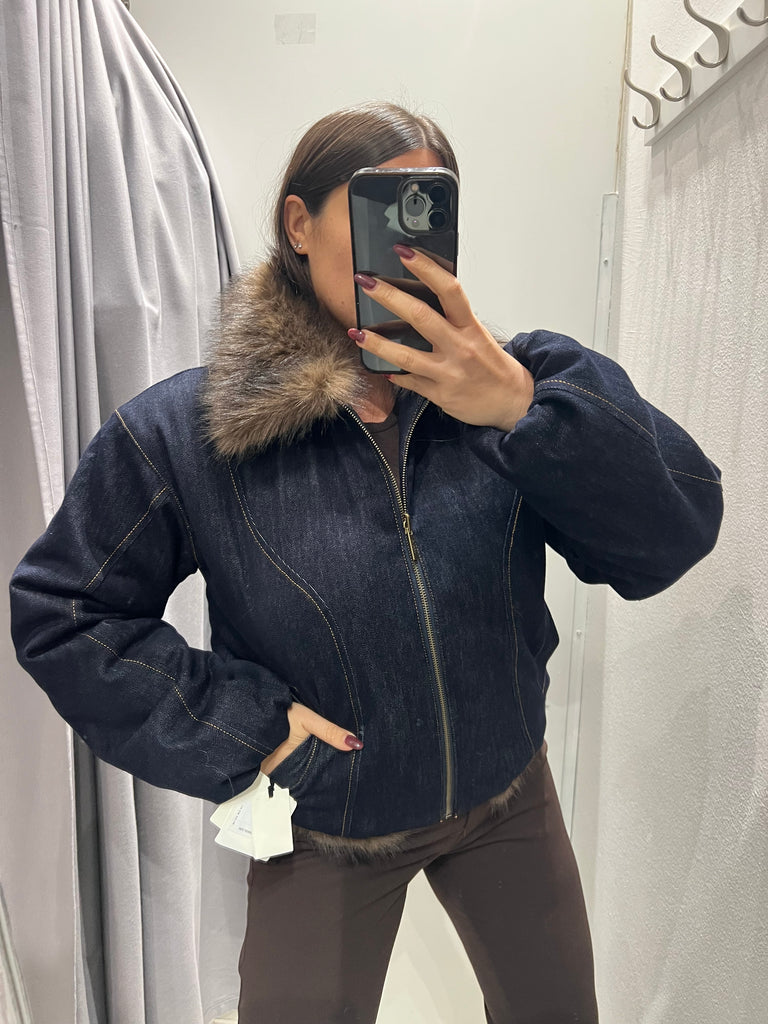 BLK30 ViCOLO•Bomber reversibile jeans e ecopelliccia