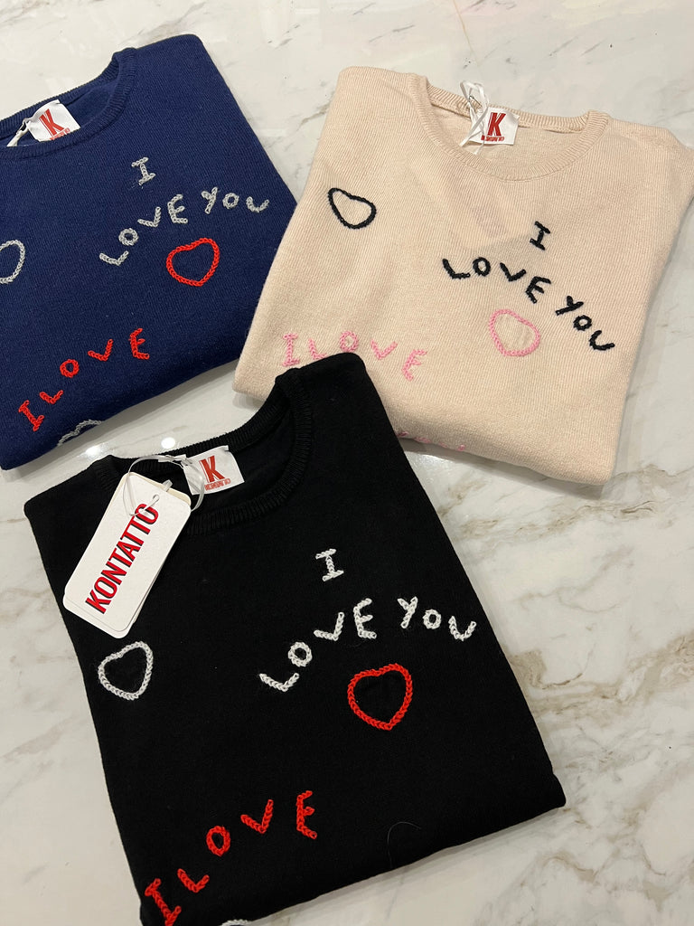 KONTATTO•Maglione misto cashmere scritte ricamate I love you•Più colori