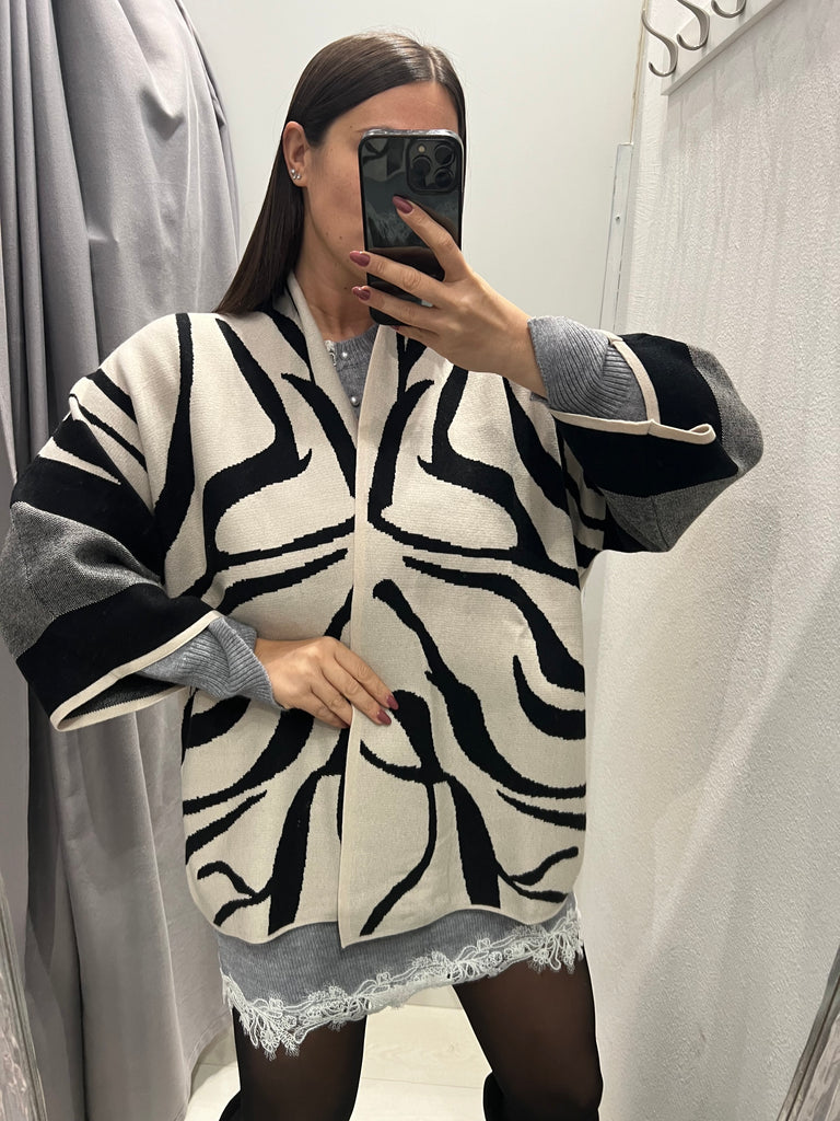 BLK30 Susy Star•Cardigan kimono stampa zebrata Burro/Nero