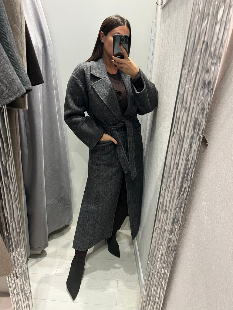 ViCOLO•Cappotto lana spigato cintura