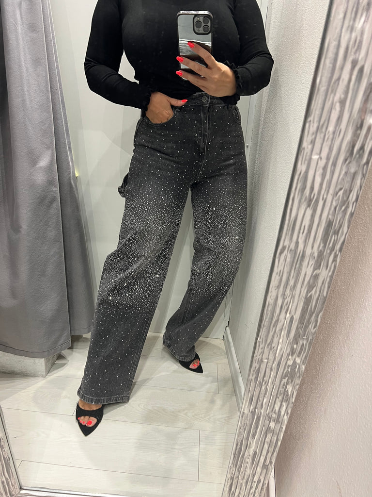 KONTATTO•Jeans worker nero slavato strass