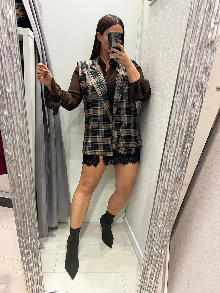 HaveOne•Gilet check nero/panna/castagna doppiopetto
