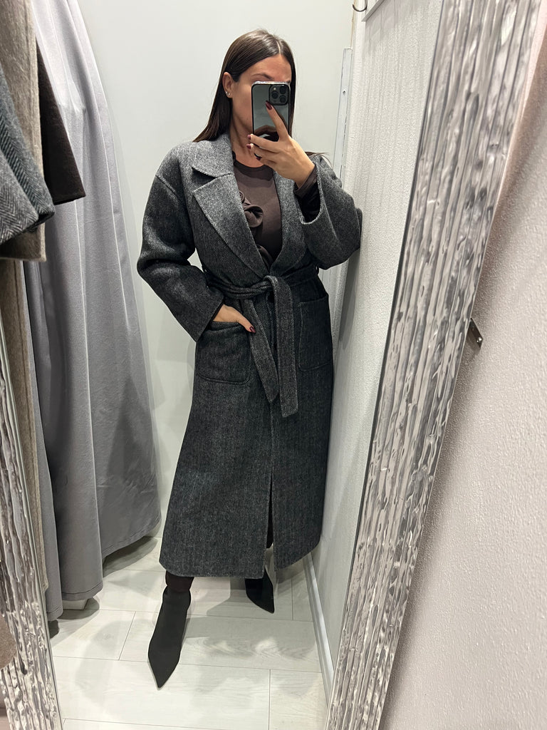 ViCOLO•Cappotto lana spigato cintura