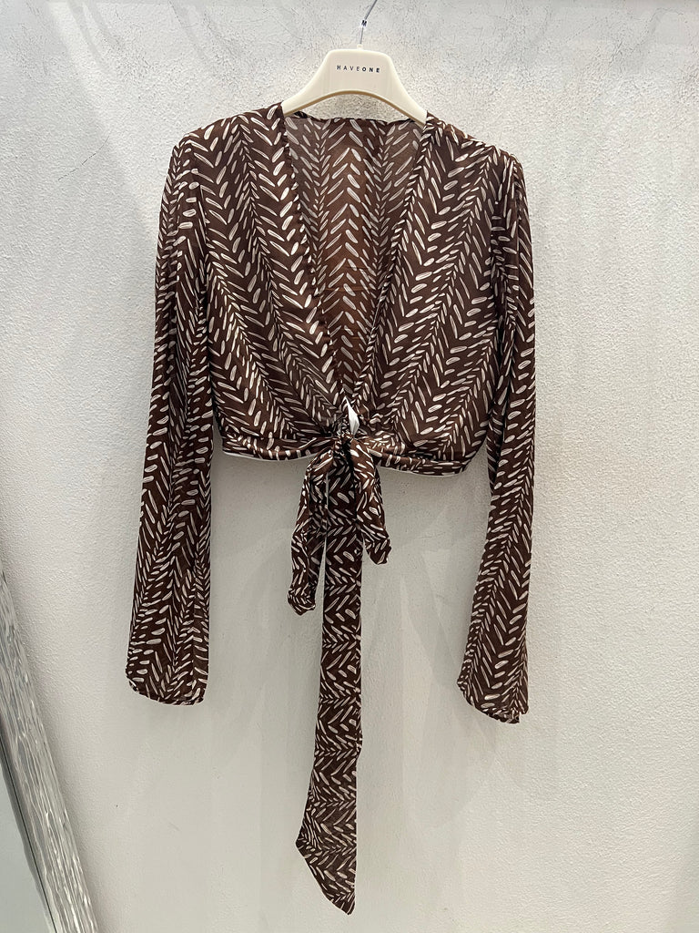 💥MSS💥HaveOne•Camicia crop nodo stampa foglioline