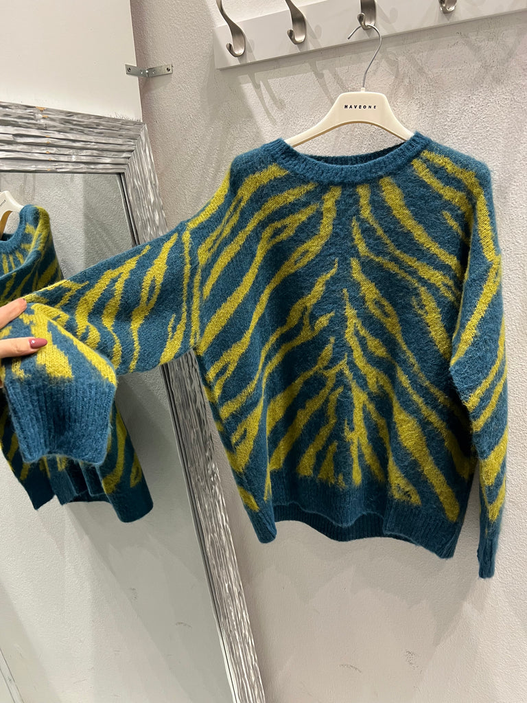 BLK30 HaveOne•Maglione stampa zebrata acido/turchese