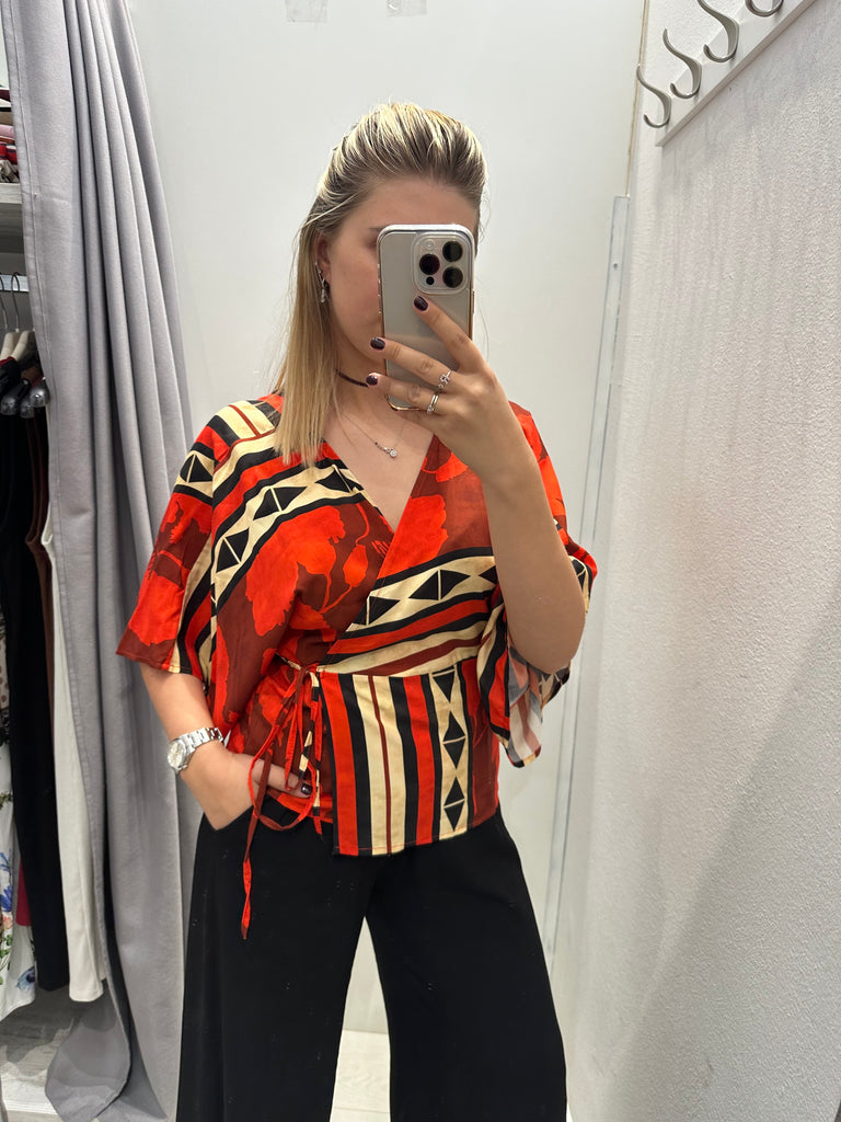 MSS💥HaveOne•Maglia kimono stampa etnica rossa