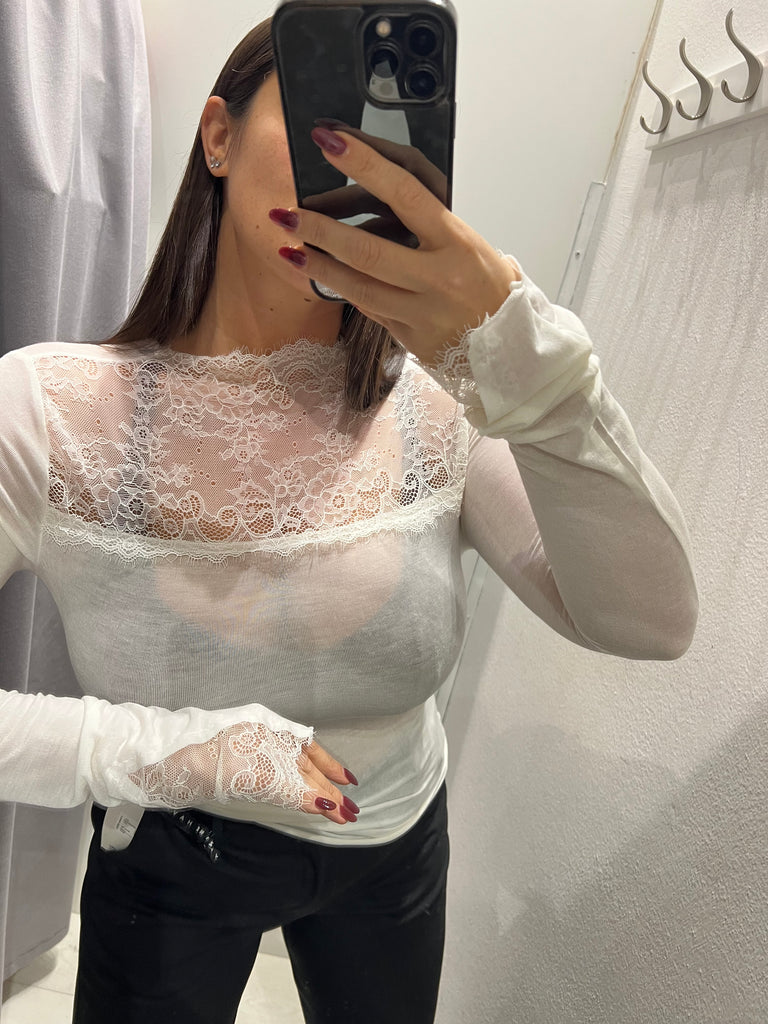 HaveOne•Maglia con pizzo misto cashmere•Burro