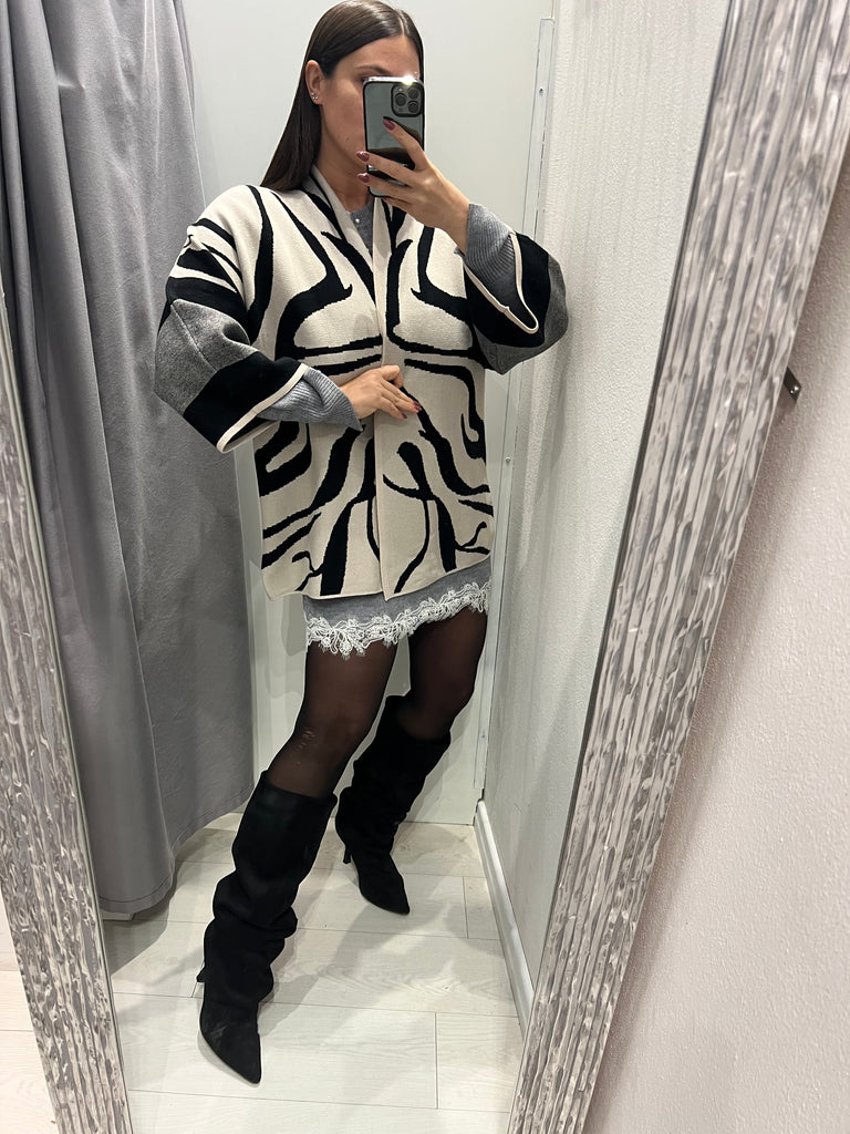 BLK30 Susy Star•Cardigan kimono stampa zebrata Burro/Nero