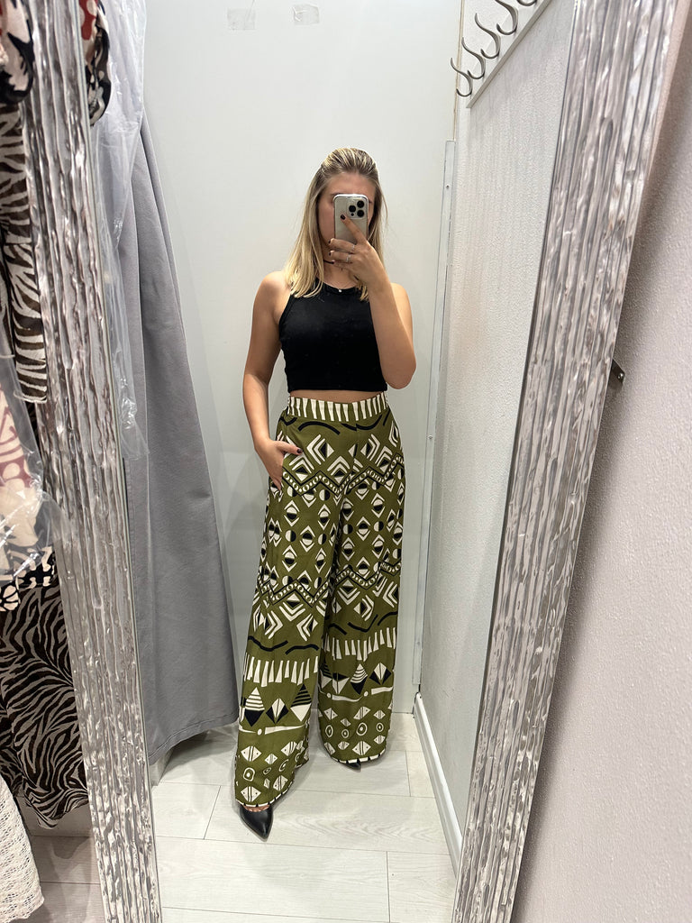 MSS💥HaveOne•Pantalone palazzo stampa etnica verde olio