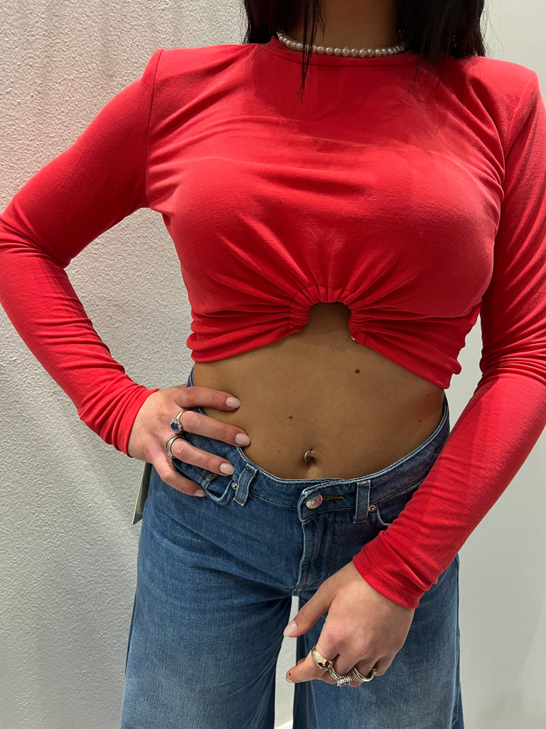 HaveOne•Maglia crop rosso corallo con anello piercing