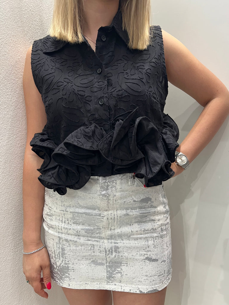 🚨HaveOne•Camicia crop smanicata volant•Nero