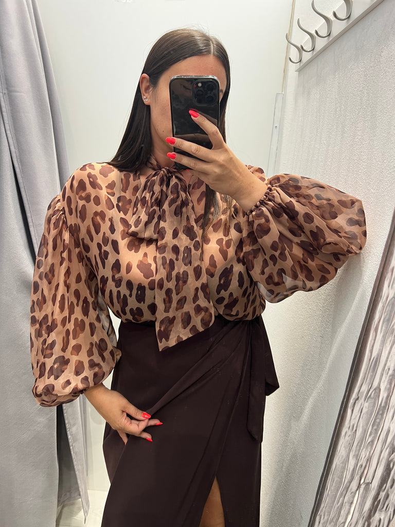 MSS💥IMPERIAL•Camicia velata maculata cammello con fiocco