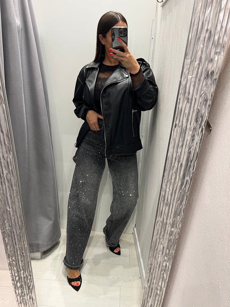KONTATTO•Jeans worker nero slavato strass