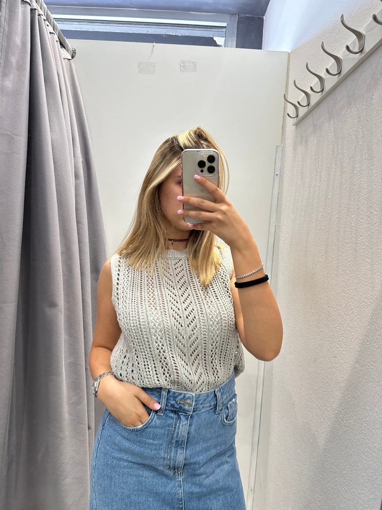 🚨HaveOne•Gilet canotta traforato grigio perla