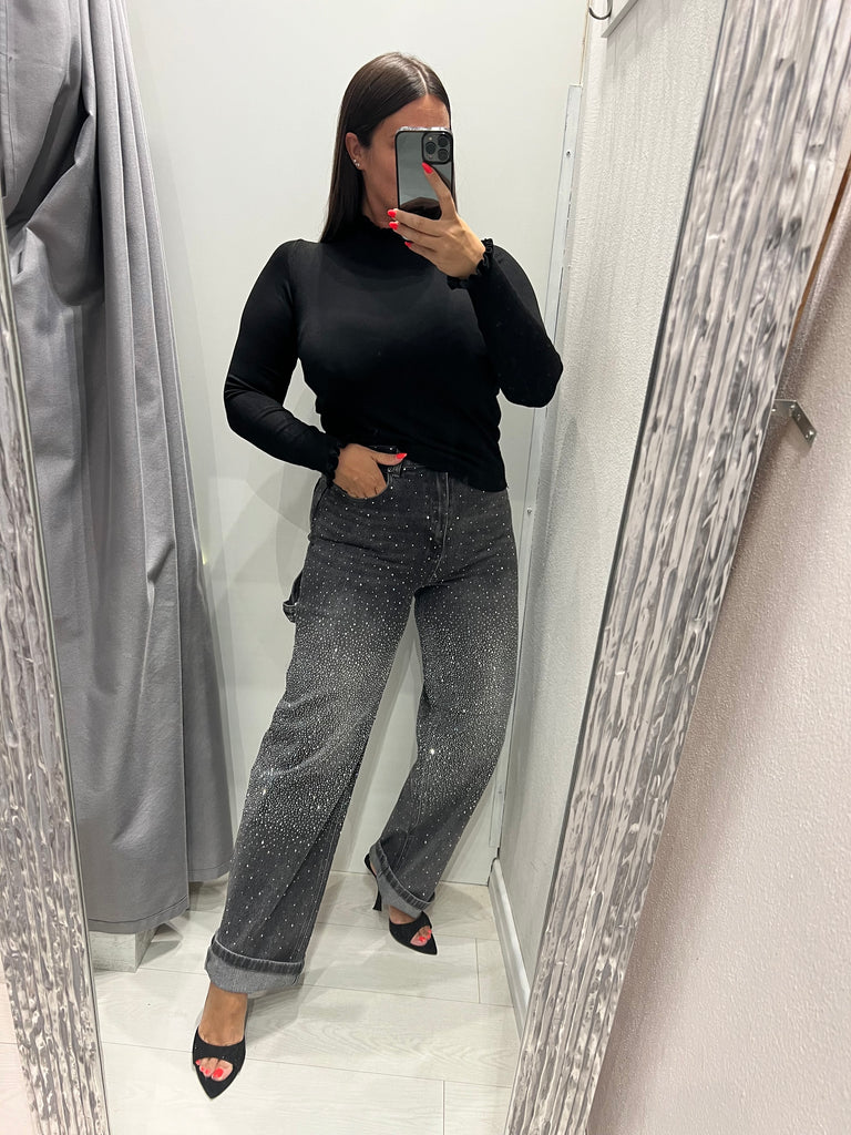 KONTATTO•Jeans worker nero slavato strass