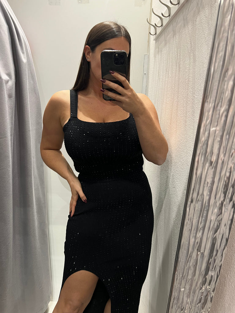 KONTATTO•Coordinato microstrass top scollo quadro e gonna spacco