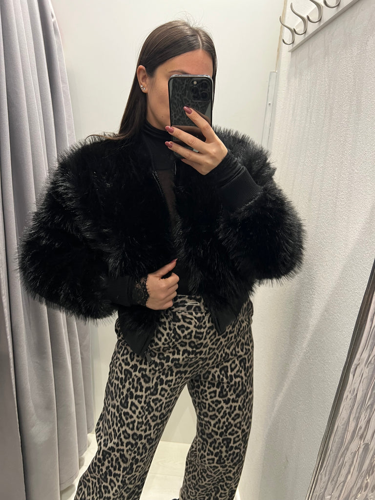 HaveOne•Bomber nero in ecopelliccia con zip