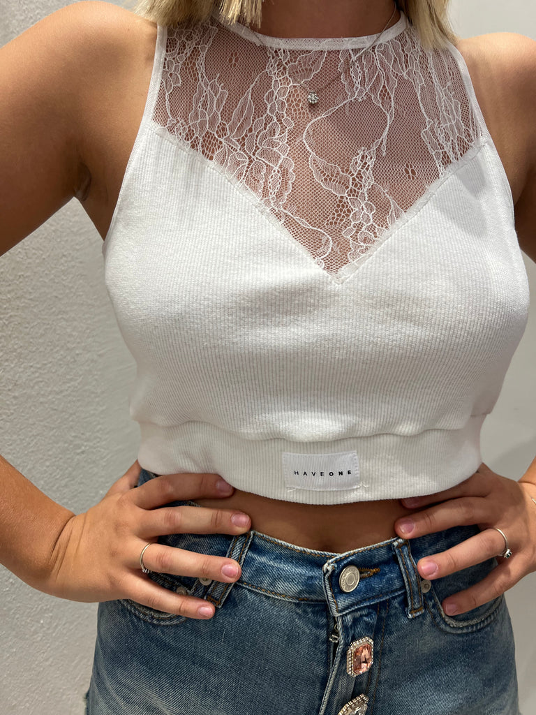 HaveOne•Top crop bianco costine con pizzo