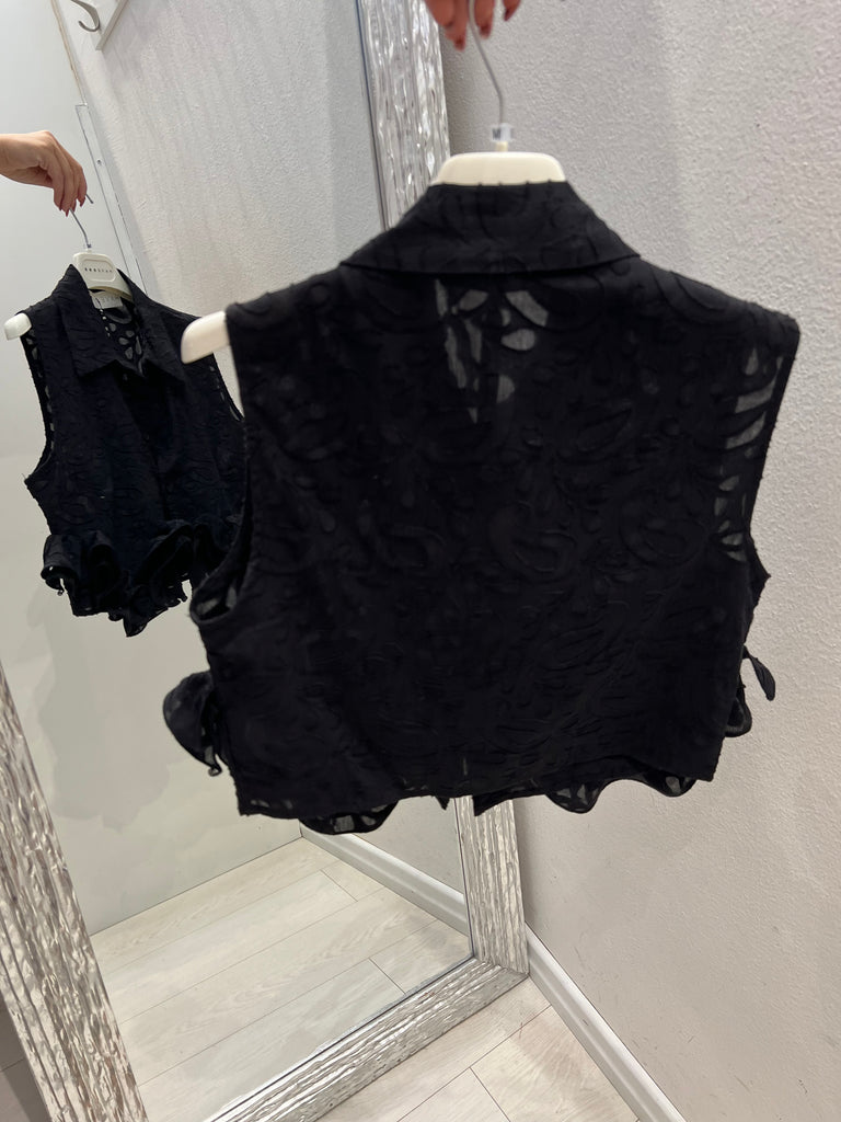 🚨HaveOne•Camicia crop smanicata volant•Nero