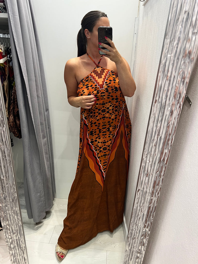 MSS💥HaveOne•Abito viscosa stampa tiger arancio