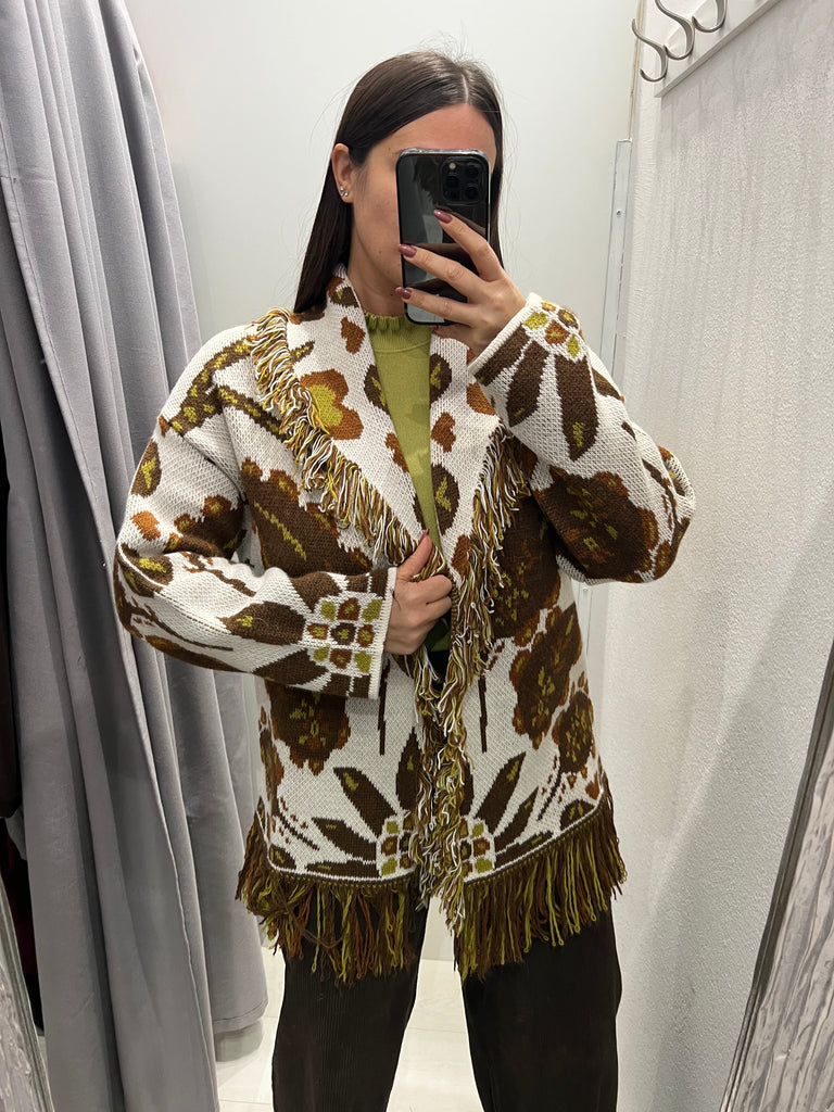 BLK30 HaveOne•Cardigan frange stampa moro/pistacchio/bruciato