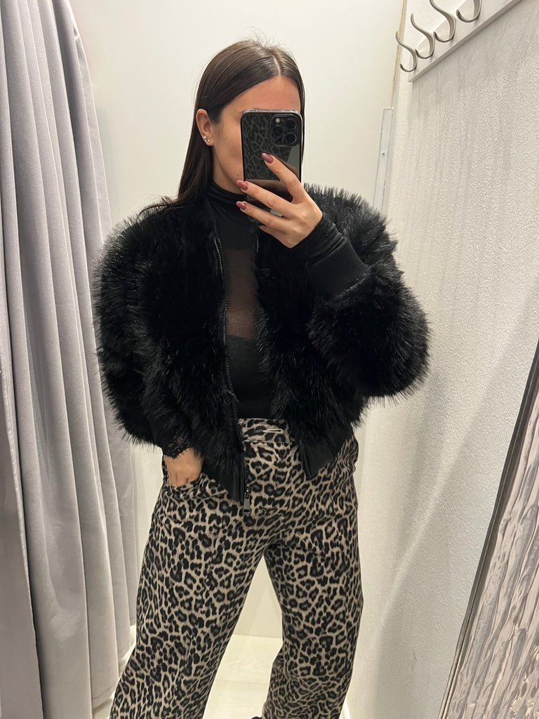 HaveOne•Bomber nero in ecopelliccia con zip